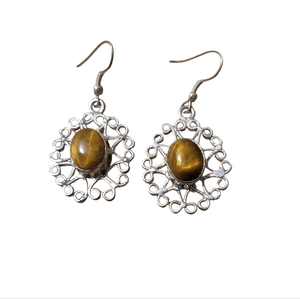 Vintage silver plated and brown tiger eye stone dangle earrings